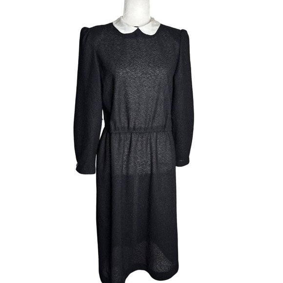 Vintage 70s Long Sleeve Knit Dress Medium Sheer Black Peter Pan Collar Zipper - Picture 1 of 9